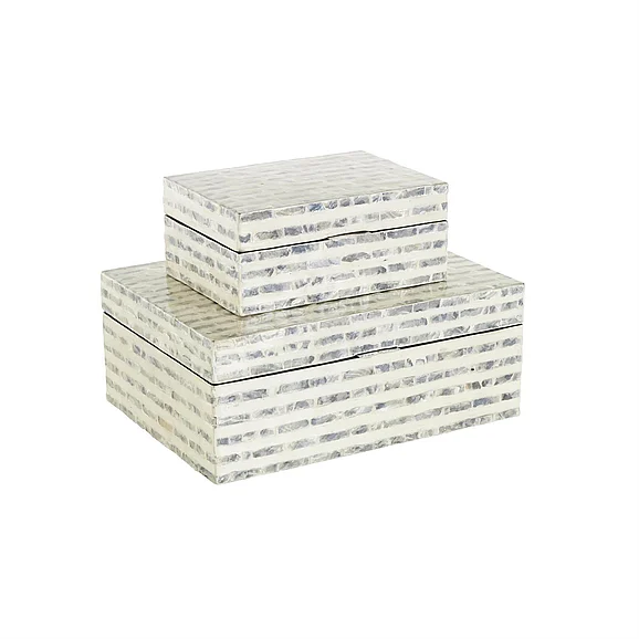 UMA Cream Mother of Pearl Shell Geometric Handmade Linear Mosaic Storage Decorative Box with Cream Underlay, Set of 2 12, 8W | 12642