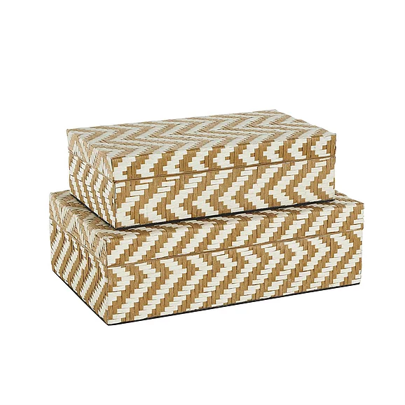 UMA Brown Paper Geometric Handmade Woven Zig Zag Storage Decorative Box with Cream Accents, Set of 2 12, 8W | 12646