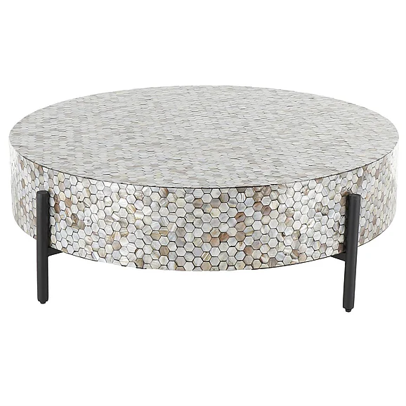 UMA Multi Colored Mother of Pearl Shell Geometric Handmade Mosaic Inlay Living Room Coffee Table with Black Metal Legs, 38 x 38 x 13 | 12701