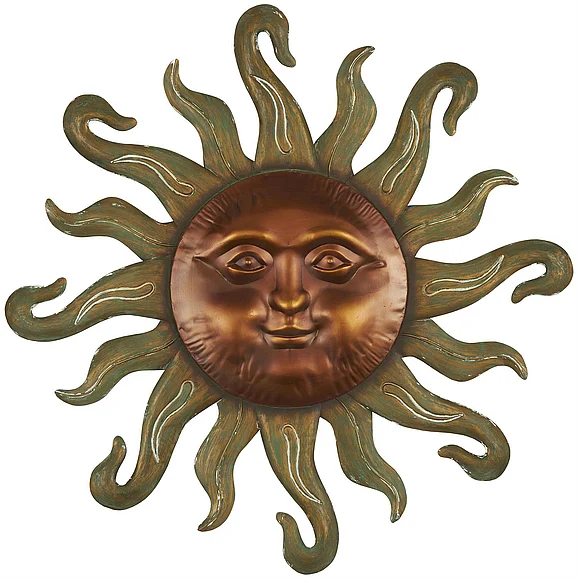 UMA Copper Metal Sun Home Wall Decor with Smiling Face and Curved Rays, 31" x 1" x 30" | 12716