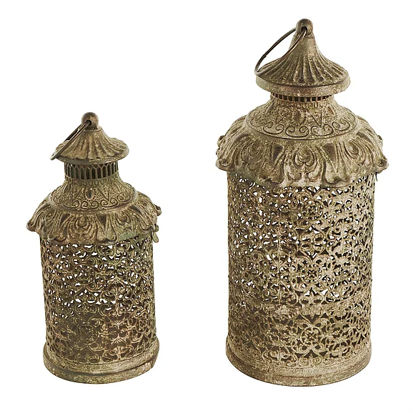 UMA Brown Metal Scroll Distressed Vintage Inspired Ornate Indoor Outdoor Candle Lantern, Set of 2 14, 10H | 12802