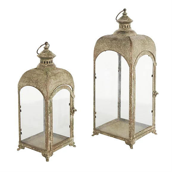 UMA Brown Metal Distressed Vintage Inspired Indoor Outdoor Candle Lantern with Arched Glass Panels, Set of 2 21, 16H | 12804