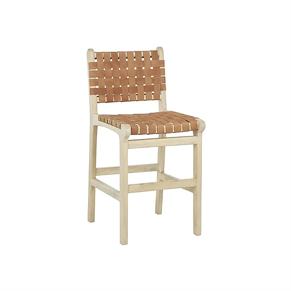 UMA Light Brown Mango Wood Handmade Woven Bar Stool with Light Brown Wood Frame with Backrest and Footrest, 18 x 22 x 39 | 12818