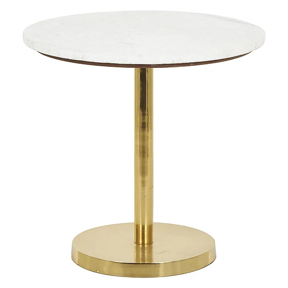 UMA Gold Metal Geometric Pedestal Side End Accent Table with White Marble Tabletop, 20" x 20" x 19" | 12856