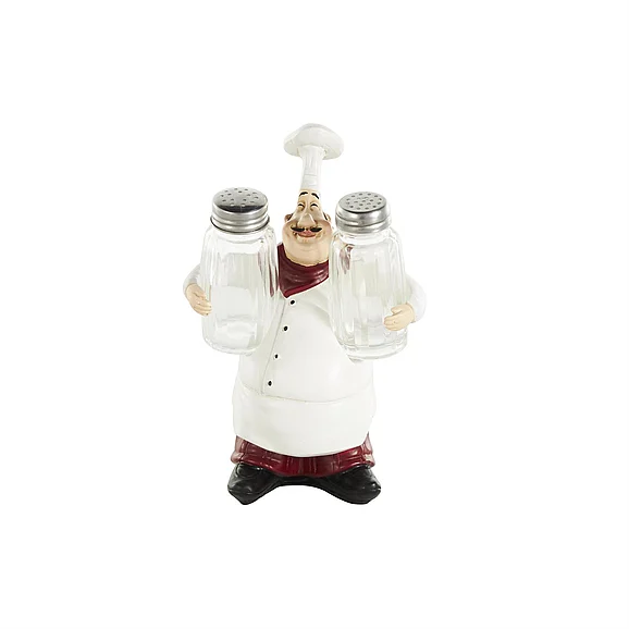 UMA White Polystone Chef Figurine Salt and Pepper Shaker Holder with Red Accents, 5" x 3" x 8" | 12872 CLOSEOUT