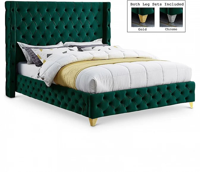 Meridian Savan Velvet Full Bed in Green Velvet SavanGreen-F