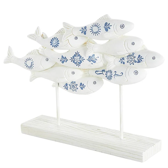 UMA White Polystone Fish Decorative Sculpture with Blue Floral Patterns and Stand, 15" x 3" x 10" | 12907