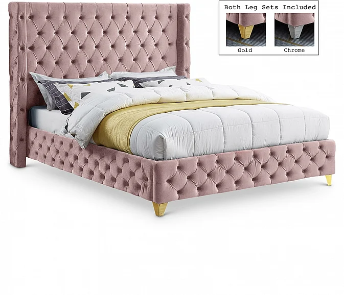 Meridian Savan Velvet Queen Bed in Pink Velvet SavanPink-Q