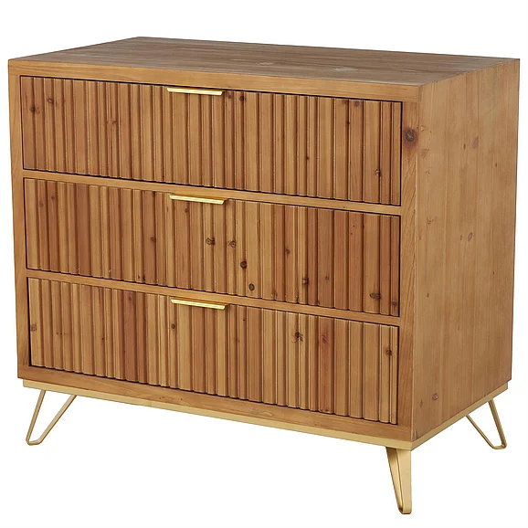 UMA Brown Wooden Ribbed 3 Drawers Room Cabinet with Gold Handles and Legs, 36 x 20 x 32 | 12975