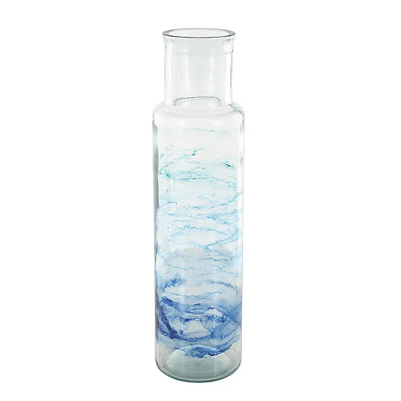 UMA Blue Recycled Glass Abstract Ombre Decorative Vase with Swirled Colored Glass Bands, 6" x 6" x 22" | 13005