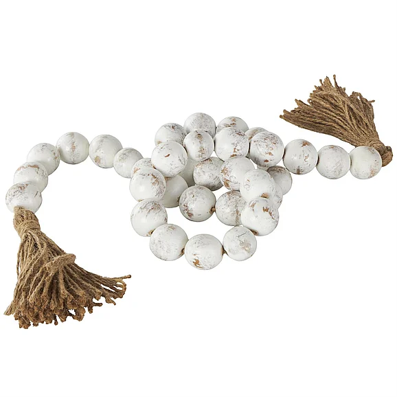 UMA Cream Wood Handmade Distressed Beaded Garland with Tassel, 76" x 2" x 2" | 13025