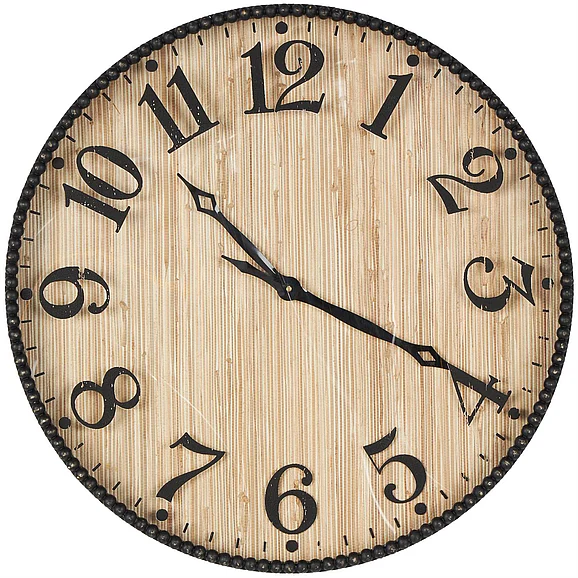 UMA Light Brown Wood Distressed Decorative Wall Clock with Black Beaded Wood Frame, 24" x 3" x 24" | 13034