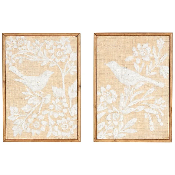 UMA Brown Wood Bird Home Wall Decor with White Painted Floral Patterns, Set of 2 15W, 21H | 13053