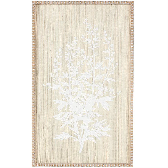 UMA Cream Wood Floral Textured Home Wall Decor with White Painted Accents and Beaded Frame, 15" x 1" x 24" | 13056