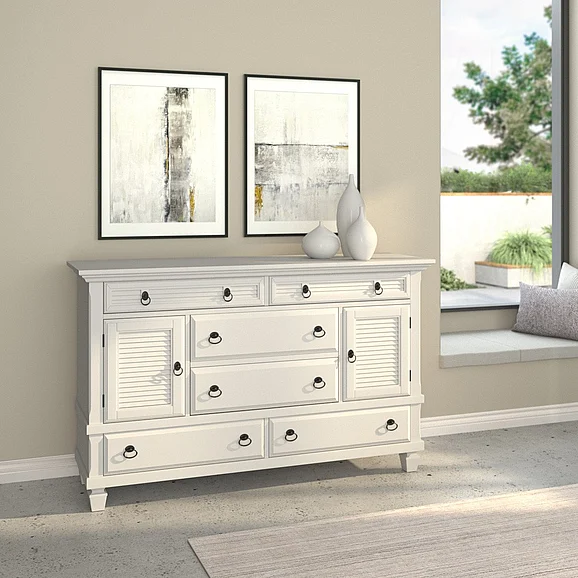 Alpine Furniture Winchester 6 Drawer Dresser w/2 Cabinets in White 1306-W-DR