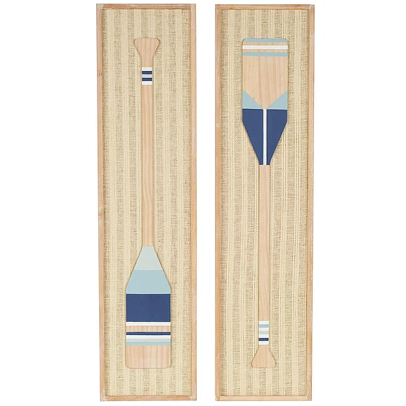 UMA Cream Wood Paddle Home Wall Decor with Blue and White Stripes and Woven Paper Backing, Set of 2 12W, 48H | 13085