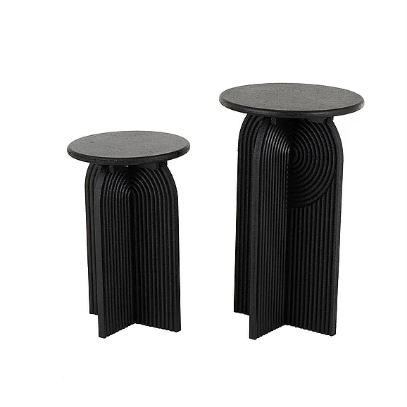 UMA Black Wood Geometric Sandstone Carved Art Deco Arched Pedestal Side End Accent Table, (Set of 2) 24, 21H | 13090
