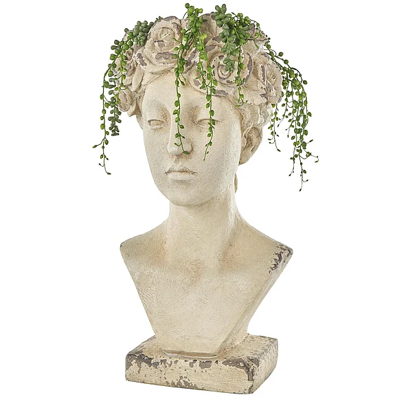 UMA Cream Magnesium Oxide Woman Distressed Antique Greek Bust Indoor Outdoor Planter with Floral Accents, 11 x 10 x 22 | 13129