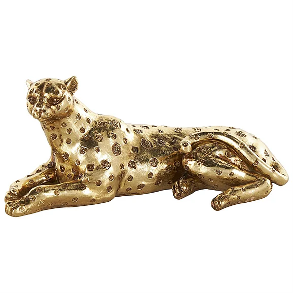 UMA Gold Resin Leopard Laying Decorative Sculpture with Textured Spots, 8" x 4" x 4" | 13142