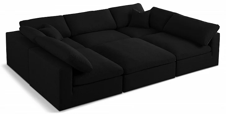 Meridian Serene Linen Textured Fabric Deluxe Comfort Modular Sectional in Black Linen Textured Fabric 601Black-Sec6C