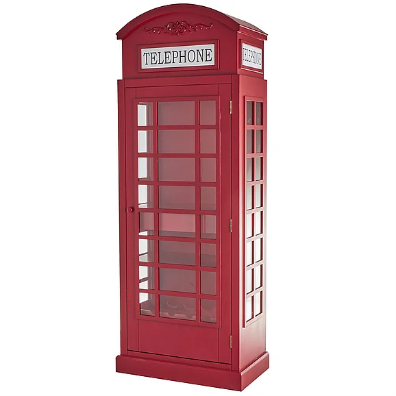 UMA Red Wooden Telephone Vintage London Booth 2 Shelf and 6 Bottle Storage Standing Wine Rack with Drawer Storage, 26" x 15" x 74" | 13191