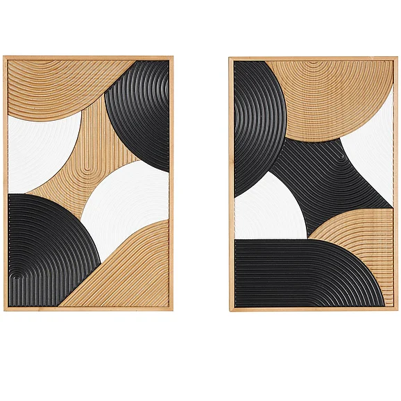 UMA Brown Wooden Geometric Home Wall Decor with Black and White Round Forms, Set of 2 13W, 19H | 13239