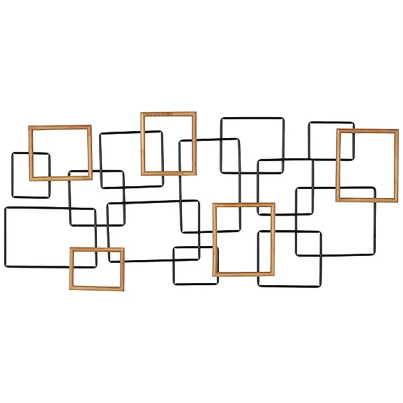 UMA Black Metal Geometric Overlapping Wire Square Home Wall Decor with Gold Accents, 51" x 3" x 23" | 13275