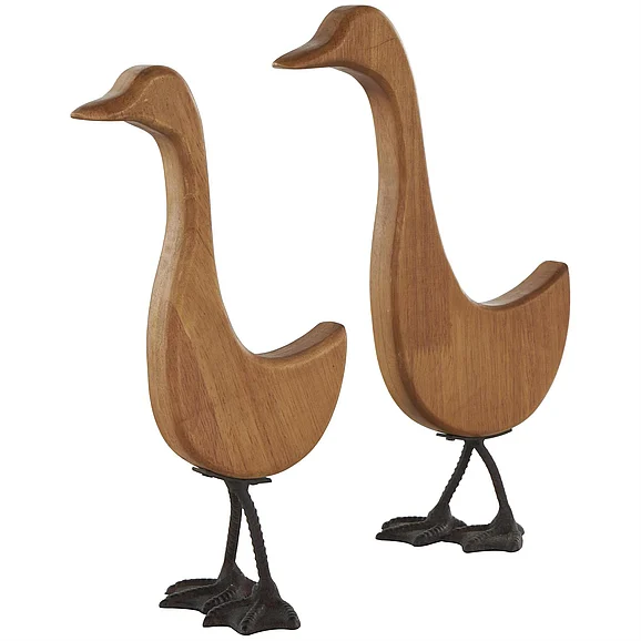 UMA Brown Wood Duck Abstract Minimalistic Decorative Garden Sculpture with Black Metal Feet, Set of 2 13, 12H | 13277