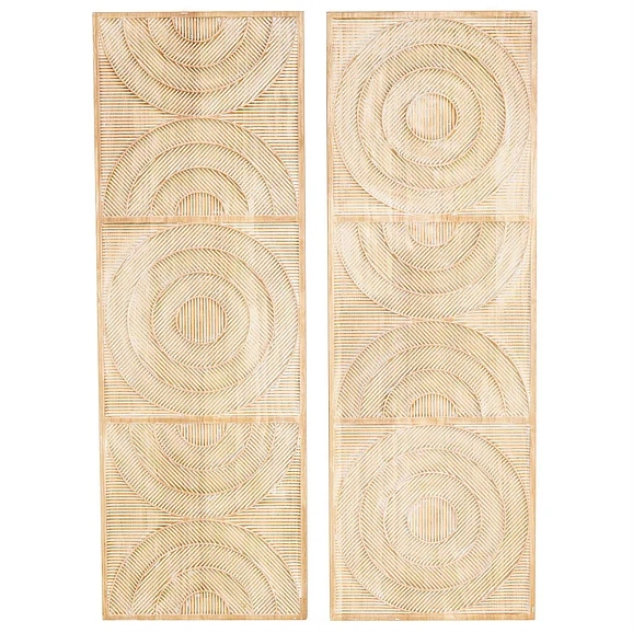 UMA Light Brown Wood Geometric Carved Panel Arch Home Wall Decor with White Linear Markings, Set of 2 13W, 37H | 13286