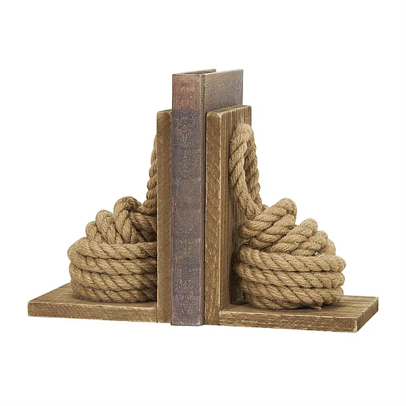 UMA Brown Wood Knot Rope Decorative Bookends with Distressed L-Shaped Stands, Set of 2 5W, 7H | 13312