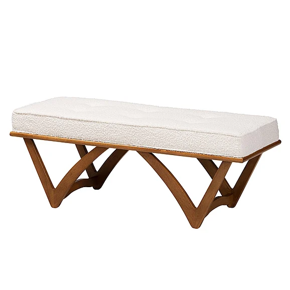 Baxton Studio Chenoa Japandi Cream Boucle and Brown Bench 13318