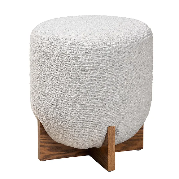 Baxton Studio Fisk Japandi Light Grey Boucle and Brown Ottoman Footstool 13325