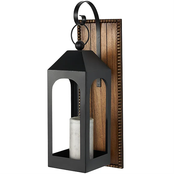 UMA Black Metal Suspended Arched Cutout Indoor Outdoor Wall Sconce with Brown Wood Backing and Beaded Edge, 6" x 7" x 21" | 13396
