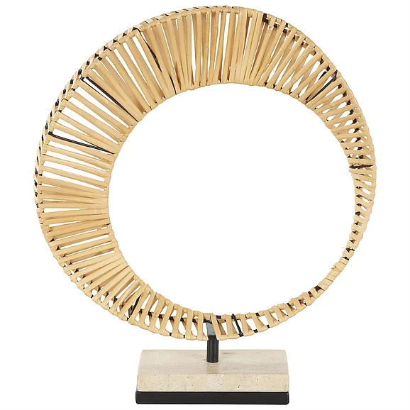 UMA Brown Rattan Abstract Handmade Mobius Strip Inspired Decorative Sculpture with White Marble Base, 13" x 3" x 15" | 13407