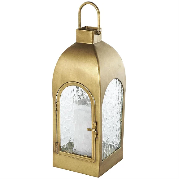 UMA Gold Metal Arched Indoor Outdoor Candle Lantern with Top Handle, 6" x 6" x 18" | 13416