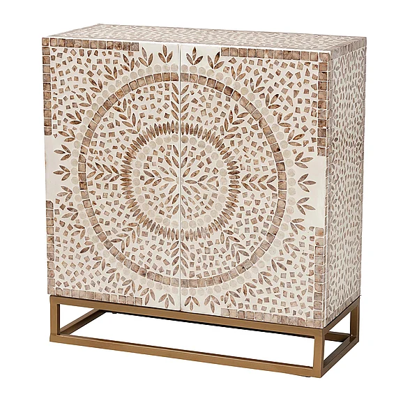 Baxton Studio Ercilia Bohemian White and Brown Mother of Pearl Storage Cabinet 13470
