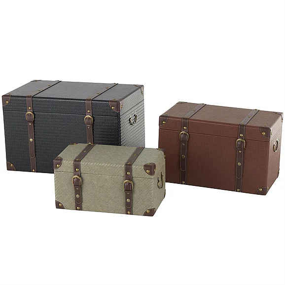 UMA Multi Colored Wooden Vintage Studded Woven Storage Decorative Trunk with Brown Buckle Straps, Set of 3 24, 21, 18H | 13491