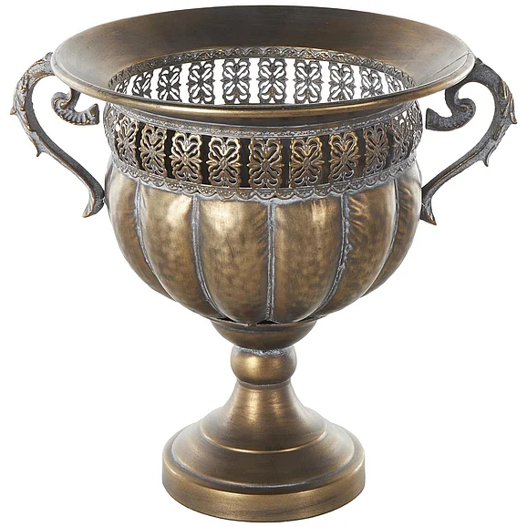UMA Bronze Metal Urn Shaped Decorative Vase with Hammered Details and Cut Outs, 11" x 11" x 12" | 13667