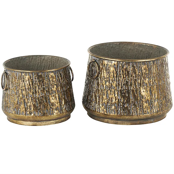 UMA Brass Metal Abstract Textured Indoor Outdoor Planter with Gray Weathered Spots and Ring Handles, (Set of 2) 16, 12W | 13679
