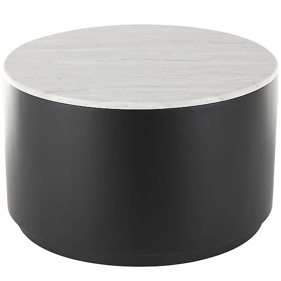 UMA Black Metal Pedestal Living Room Coffee Table with Faux White Marble Top, 28" x 28" x 17" | 13703