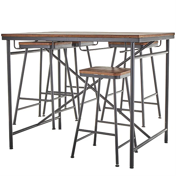 UMA Black Metal Compact Suspended Storage Dining Table with Brown Wood Tabletop and 4 Stools, Set of 5 38, 27H | 13721