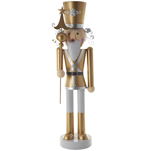 UMA Gold Metal People Tall Floor Holiday Soldier Santa Clause Nutcracker Decorative Christmas Sculpture with White and Silver Accents, 17" x 16" x 58" | 13729