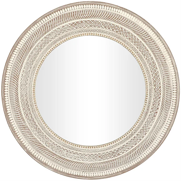 UMA Brown Wood Geometric Handmade Intricately Carved Room Wall Mirror with Bohemian Patterns, 48 x 2 x 48 | 13758