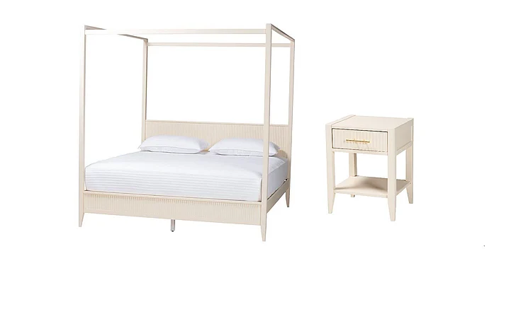 Baxton Studio Primrose 2pc Fluted CaNopy Bedroom Set in Ivory