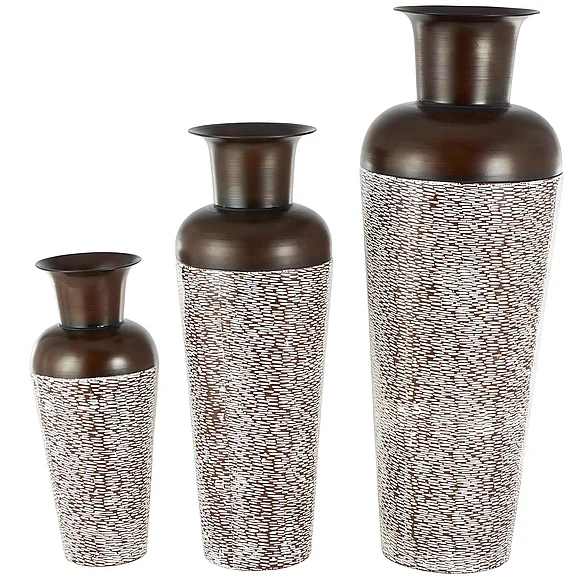 UMA White Metal Tall Tapered Floor Decorative Vase with Brown Trumpet Tops, (Set of 3) 18, 39, 28H | 13844