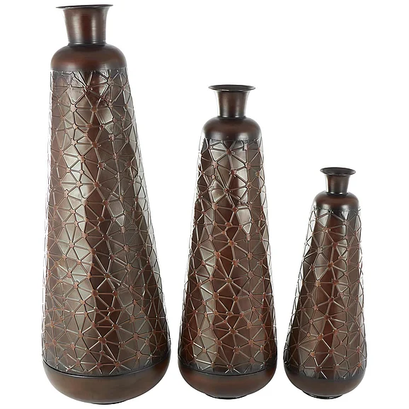UMA Dark Brown Metal Tall Teardrop Shaped Decorative Vase with Brown Trumpet Tops, (Set of 3) 53, 43, 32H | 13847