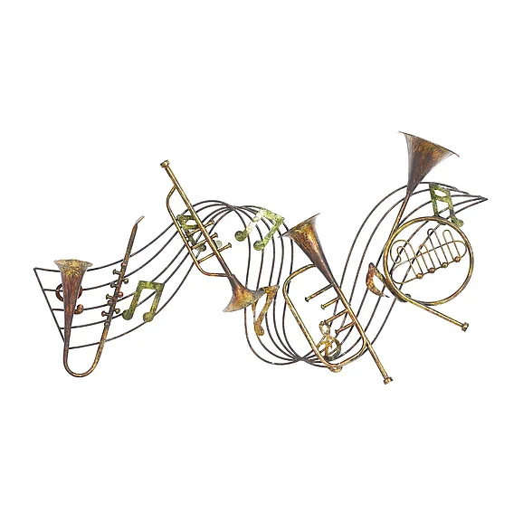 UMA Brown Metal Musical Notes Home Wall Decor with Trumpets, 39" x 4" x 22" | 13876