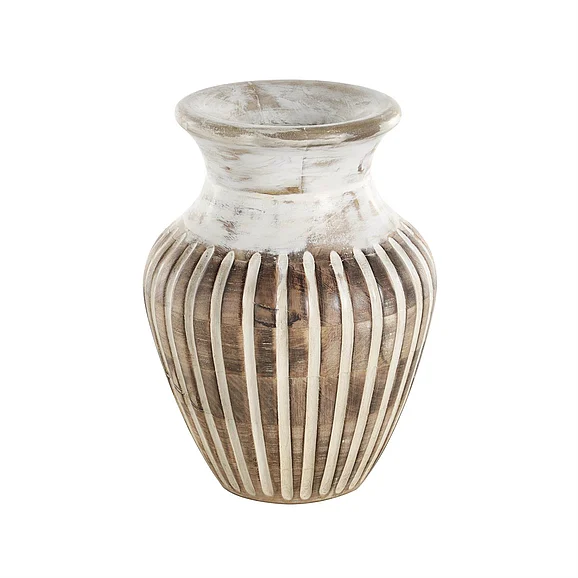 UMA Brown Mango Wood Distressed Decorative Vase with Carved Grooves, 8" x 8" x 11" | 13887