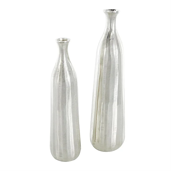 UMA Silver Aluminum Metal Decorative Vase with Wavy Accents and Textured Ridges, (Set of 2) 20, 16H | 13931