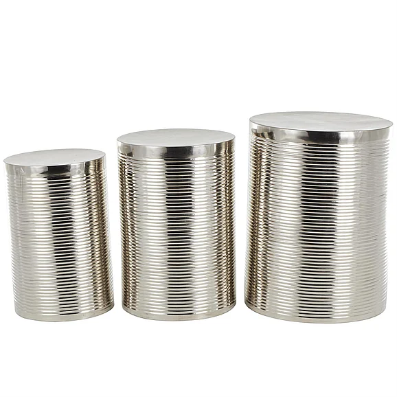 UMA Silver Metal Ribbed Drum Side End Accent Table, Set of 3 24, 22, 20H | 13933 CLOSEOUT